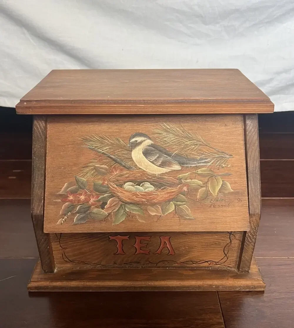 Vtg 1989 Signed Wood Tea Chest Drop Front Box Cottagecore Country Farmhouse Art